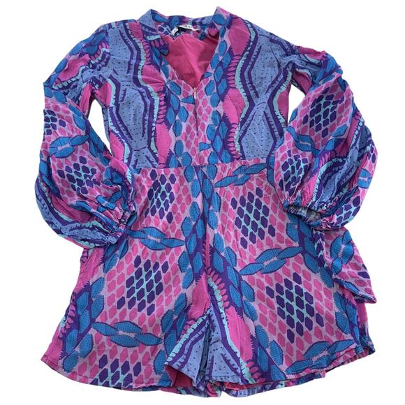 Kahindo Romper Womens Medium Blue Pink Printed Kisumu V Neck Cotton - Picture 2 of 13